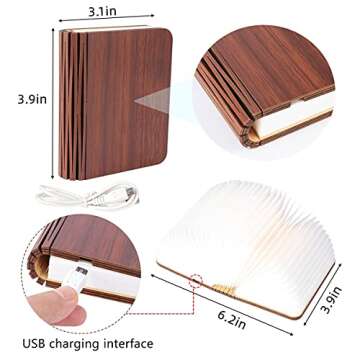 XIUDI 8 Colors Mini Folding Book Lamp,Portable Wooden Book Lights,Desk Light,Novelty LED Paper Lantern with USB Rechargeable Night Light,Unique Gifts for Book Lovers,Mini Wood (Size3.9×3.1×1in)