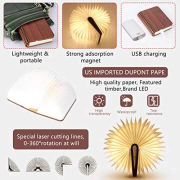 XIUDI 8 Colors Mini Folding Book Lamp,Portable Wooden Book Lights,Desk Light,Novelty LED Paper Lantern with USB Rechargeable Night Light,Unique Gifts for Book Lovers,Mini Wood (Size3.9×3.1×1in)