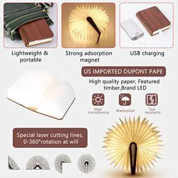 XIUDI 8 Colors Mini Folding Book Lamp,Portable Wooden Book Lights,Desk Light,Novelty LED Paper Lantern with USB Rechargeable Night Light,Unique Gifts for Book Lovers,Mini Wood (Size3.9×3.1×1in)