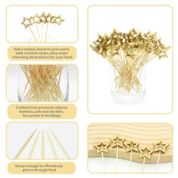 Gold Star Bamboo Cocktail Picks, 5.5 Inch Long Decorative Toothpicks Skewers for Appetizers, Fruits ...