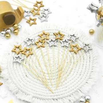 Gold Star Bamboo Cocktail Picks, 5.5 Inch Long Decorative Toothpicks Skewers for Appetizers, Fruits and Drink Garnish, New Year Toothpicks Christmas Party Supplies