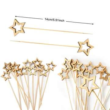 Gold Star Bamboo Cocktail Picks, 5.5 Inch Long Decorative Toothpicks Skewers for Appetizers, Fruits and Drink Garnish, New Year Toothpicks Christmas Party Supplies