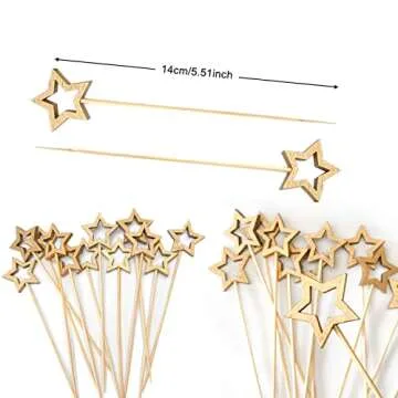 Gold Star Bamboo Cocktail Picks, 5.5 Inch Long Decorative Toothpicks Skewers for Appetizers, Fruits and Drink Garnish, New Year Toothpicks Christmas Party Supplies