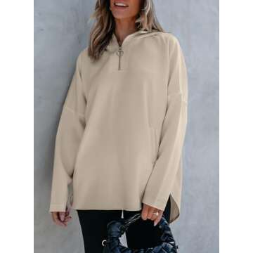 EVALESS Hoodies for Women 2024 Fashion Trendy Casual Long Sleeve V Neck Loose Half Zipper Up Cute Solid Color Sweatshirts Pullover Tops Clothes,Beige Medium