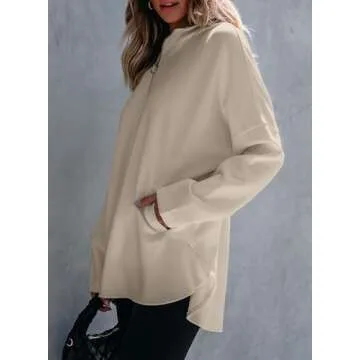 EVALESS Hoodies for Women 2024 Fashion Trendy Casual Long Sleeve V Neck Loose Half Zipper Up Cute Solid Color Sweatshirts Pullover Tops Clothes,Beige Medium