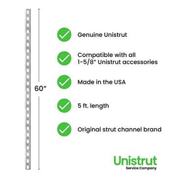 Genuine UNISTRUT P1000T 1-5/8" 12 Gauge Metal Strut Channel, Slotted Back, Pre-Galvanized Zinc 5 Foot Length
