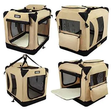 EliteField 3-Door Folding Soft Dog Crate with Carrying Bag and Fleece Bed (2 Year Warranty), Indoor & Outdoor Pet Home (36" L x 24" W x 28" H, Beige)