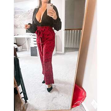 SySea Womens High Waist Leopard Pants Wide Leg Long Belted Palazzo Trousers with Pockets
