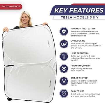 Autoamerics 1-Piece Tesla Model Y Sunshade & Tesla Model 3 Sunshade - Special Design for Model Y & 3 Windshield - Foldable Lightweight M3 Sun Shield - 2023 Tesla Model Y/3 Accessories