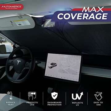 Autoamerics 1-Piece Tesla Model Y Sunshade & Tesla Model 3 Sunshade - Special Design for Model Y & 3 Windshield - Foldable Lightweight M3 Sun Shield - 2023 Tesla Model Y/3 Accessories
