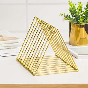 Sooyee 9 Slot Gold Magazine Holder,Desktop File Sorter Organizer Triangle Bookshelf Decor Home Offic...