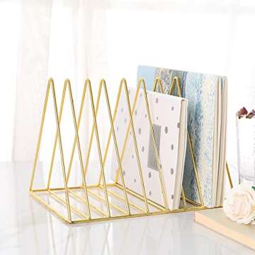 Sooyee 9 Slot Gold Magazine Holder,Desktop File Sorter Organizer Triangle Bookshelf Decor Home Office