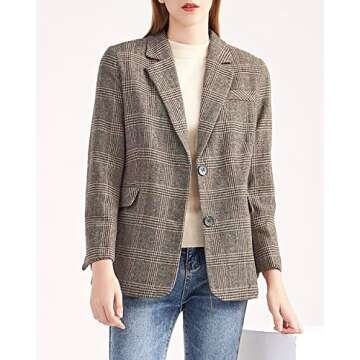 ebossy Women's Notch Lapel 2 Button Boyfriend Blazer Suit Houndstooth Plaid Jacket Coat (Small, Mocha)