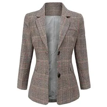 ebossy Women's Notch Lapel 2 Button Boyfriend Blazer Suit Houndstooth Plaid Jacket Coat (Small, Mocha)