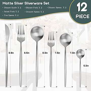 Lovcoala Modern Matte Silver Silverware Set, 12-Piece Stainless Steel Flatware Set, Tableware Cutler...