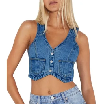 PLNOTME Womens Denim Vest Button Down Cropped Jean Top Sleeveless V Neck Vintage Tank with Pockets B...