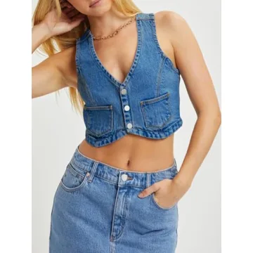 PLNOTME Womens Denim Vest Button Down Cropped Jean Top Sleeveless V Neck Vintage Tank with Pockets Blue