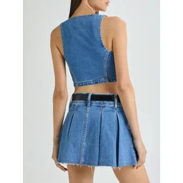 PLNOTME Womens Denim Vest Button Down Cropped Jean Top Sleeveless V Neck Vintage Tank with Pockets Blue