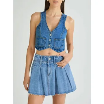 PLNOTME Womens Denim Vest Button Down Cropped Jean Top Sleeveless V Neck Vintage Tank with Pockets Blue