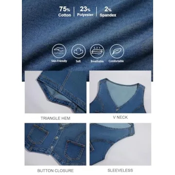 PLNOTME Womens Denim Vest Button Down Cropped Jean Top Sleeveless V Neck Vintage Tank with Pockets Blue