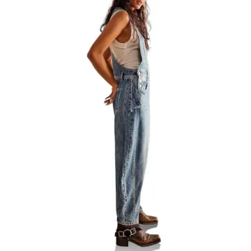 PLNOTME Womens Denim Bib Overalls Barrel Leg Adjustable Strap Jean Pants Jumpsuits with Pockets
