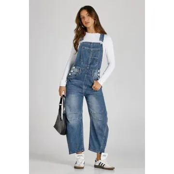PLNOTME Womens Denim Bib Overalls Barrel Leg Adjustable Strap Jean Pants Jumpsuits with Pockets