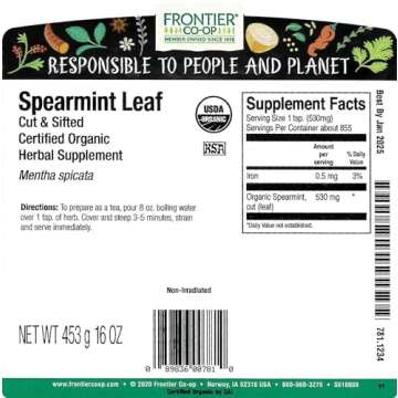 Frontier Organic Spearmint Leaf, 1-Pound Bulk, Chopped, Minty Fresh, Cooking, Teas & Herbal Body Care, Kosher, Non-ETO