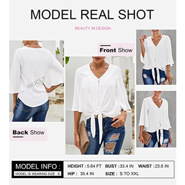 Biucly Women's Summer V Neck Tops - Flowy Chiffon Blouses