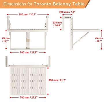 Interbuild Toronto Balcony Folding Deck Table, Outdoor Hanging Railing Bar Table, FSC Acacia Wood, 28 x 23 Inches, Adjustable, Organic White
