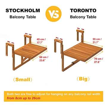 Interbuild Toronto Balcony Folding Deck Table, Outdoor Hanging Railing Bar Table, FSC Acacia Wood, 28 x 23 Inches, Adjustable, Organic White