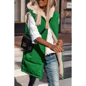 PRETTYGARDEN Womens 2025 Winter Reversible Vests Sleeveless Fleece Jacket Zip Up Hoodie Pockets Long Warm Coat Fall Outerwear (Green,Medium)