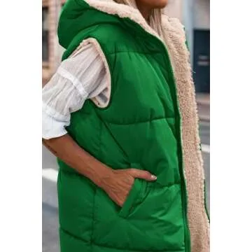 PRETTYGARDEN Womens 2025 Winter Reversible Vests Sleeveless Fleece Jacket Zip Up Hoodie Pockets Long Warm Coat Fall Outerwear (Green,Medium)