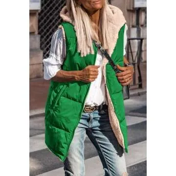 PRETTYGARDEN Womens 2025 Winter Reversible Vests Sleeveless Fleece Jacket Zip Up Hoodie Pockets Long Warm Coat Fall Outerwear (Green,Medium)