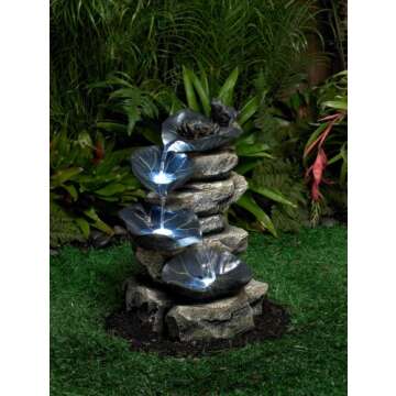 Frog and Four Lily Pad Rustic Outdoor Floor Water Fountain 21" High with LED Light Stacked Rock Cascading Decor for Garden Patio Backyard Deck Home Lawn Porch House Exterior - John Timberland