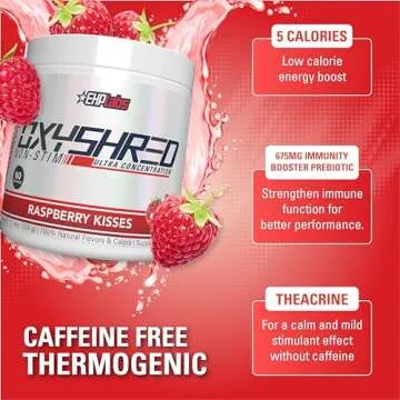 EHP Labs OxyShred Non Stimulant Pre Workout Powder - Stim Free, Caffeine Free Preworkout for Men & Women - Non Stim Preworkout - Sugar Free Energy Powder - Raspberry, 60 Servings