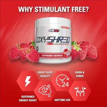 EHP Labs OxyShred Non Stimulant Pre Workout Powder - Stim Free, Caffeine Free Preworkout for Men & Women - Non Stim Preworkout - Sugar Free Energy Powder - Raspberry, 60 Servings