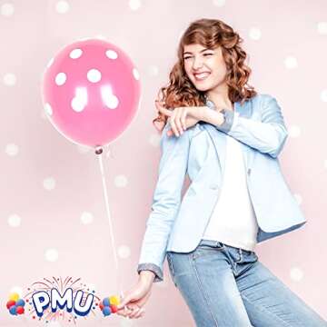PMU Polka Dot Balloons PartyTex 11 Inch Premium Pink with All-Over print White Dots Pkg/25
