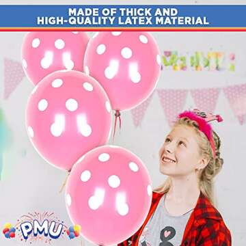 PMU Polka Dot Balloons PartyTex 11 Inch Premium Pink with All-Over print White Dots Pkg/25