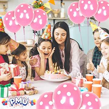 PMU Polka Dot Balloons PartyTex 11 Inch Premium Pink with All-Over print White Dots Pkg/25