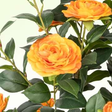 Howngyesimu Artificial Camellia Tree, 3FT Faux Camellia Plant in Pot with Orange Flowers for Spring ...
