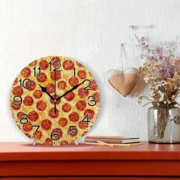 Silent Pepperoni Pizza Wall Clock - Rustic Kitchen Decor