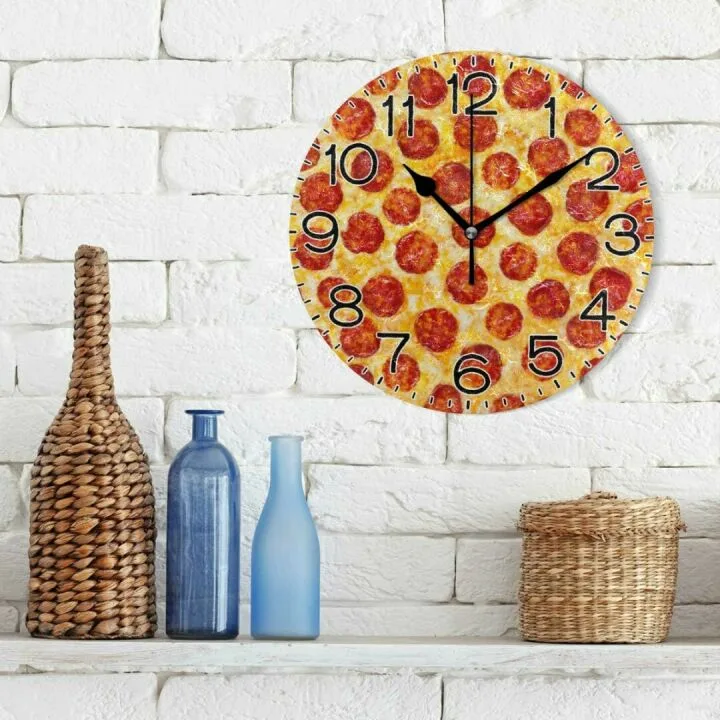 Silent Pepperoni Pizza Wall Clock - Rustic Kitchen Decor