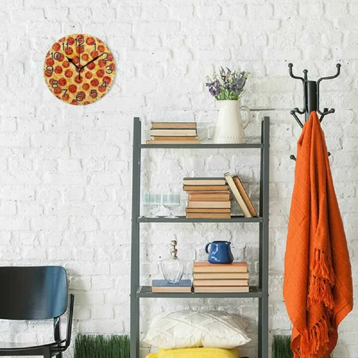 Silent Pepperoni Pizza Wall Clock - Rustic Kitchen Decor