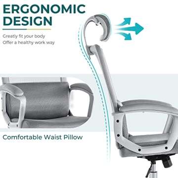 SMUG Office Desk Computer Chair, Ergonomic High Back Comfy Swivel Gaming Home Mesh Chairs with Wheels, Lumbar Support, Adjustable Headrest, Comfortable Pillow,Soft Arms,120°tilt for Bedroom,Study,Grey