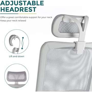 SMUG Office Desk Computer Chair, Ergonomic High Back Comfy Swivel Gaming Home Mesh Chairs with Wheels, Lumbar Support, Adjustable Headrest, Comfortable Pillow,Soft Arms,120°tilt for Bedroom,Study,Grey