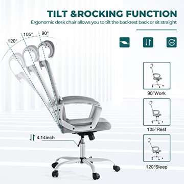 SMUG Office Desk Computer Chair, Ergonomic High Back Comfy Swivel Gaming Home Mesh Chairs with Wheels, Lumbar Support, Adjustable Headrest, Comfortable Pillow,Soft Arms,120°tilt for Bedroom,Study,Grey