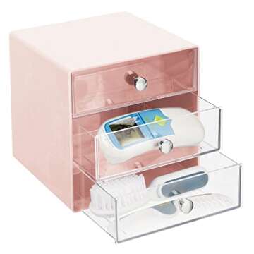 mDesign Plastic 3-Drawer Stackable Nursery Storage Organizer for Baby/Kids Bedroom, Changing Table, Playroom, Modern Organization for Diaper Creams and Small Toys, Lumiere Collection, Light Pink/Clear