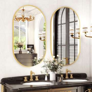 HARRITPURE 17" x 30"Oval Bathroom Mirror Wall Mounted Chic Brushed Metal Frame Hang Vertically & Hor...