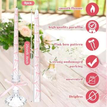 Conelist 8 Pcs Pink Bow Candles Coquette Taper Candles Birthday Decorations 10 Inch Unscented Pastel Pink Cowgirl Gifts for Coquette Bachelorette Bridal Wedding Party