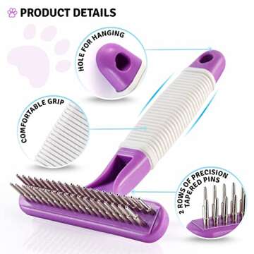 POODLIE Poodle Pet Dog Grooming Rake| Dematting Tool with Stainless Steel Shedding Comb for Pets | 2 Rows of Pins Gently Remove Loose or Tangled Hair from Undercoat | Purple Handle
